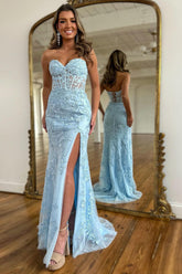 Light Blue Prom Dress Mermaid Sweetheart Corset Long Laced Evening Dress with Slit