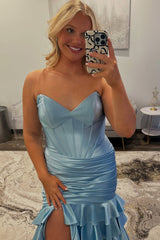 Light Blue Prom Dress Mermaid Sweetheart Corset Satin Ruffled Long Formal Dress With Slit