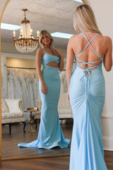 Light Blue Prom Dress Satin Spaghetti Straps Cut Out Long Formal Dress