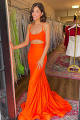 Light Blue Prom Dress Satin Spaghetti Straps Cut Out Long Formal Dress