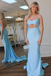 Light Blue Prom Dress Satin Spaghetti Straps Cut Out Long Formal Dress