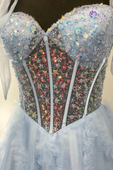 Light Blue Prom Dress Sequined A-Line Tie-Strap Long Evening Dress