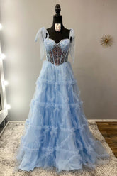 Light Blue Prom Dress Sequined A-Line Tie-Strap Long Evening Dress