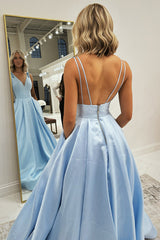 Light Blue Prom Dress V-Neck A Line Formal Dress With Pockets