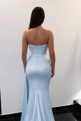 Light Blue Satin Mermaid Prom Dress with Beaded Neckline