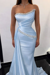 Light Blue Satin Mermaid Prom Dress with Beaded Neckline
