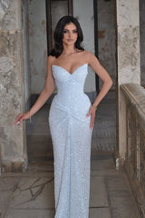 Light Blue Sequin Prom Dress with Sweetheart Neckline and Twist Knot