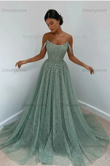 Light Blue Sequined Prom Dresses Off the Shoulder A Line Evening Dresses