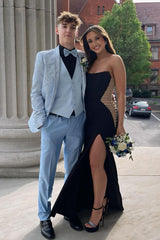 Light Blue Shawl Lapel Jacquard 3-Piece Men's Prom Suit Blazer Vest Pants
