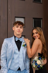 Light Blue Shawl Lapel Jacquard 3-Piece Men's Prom Suit Blazer Vest Pants