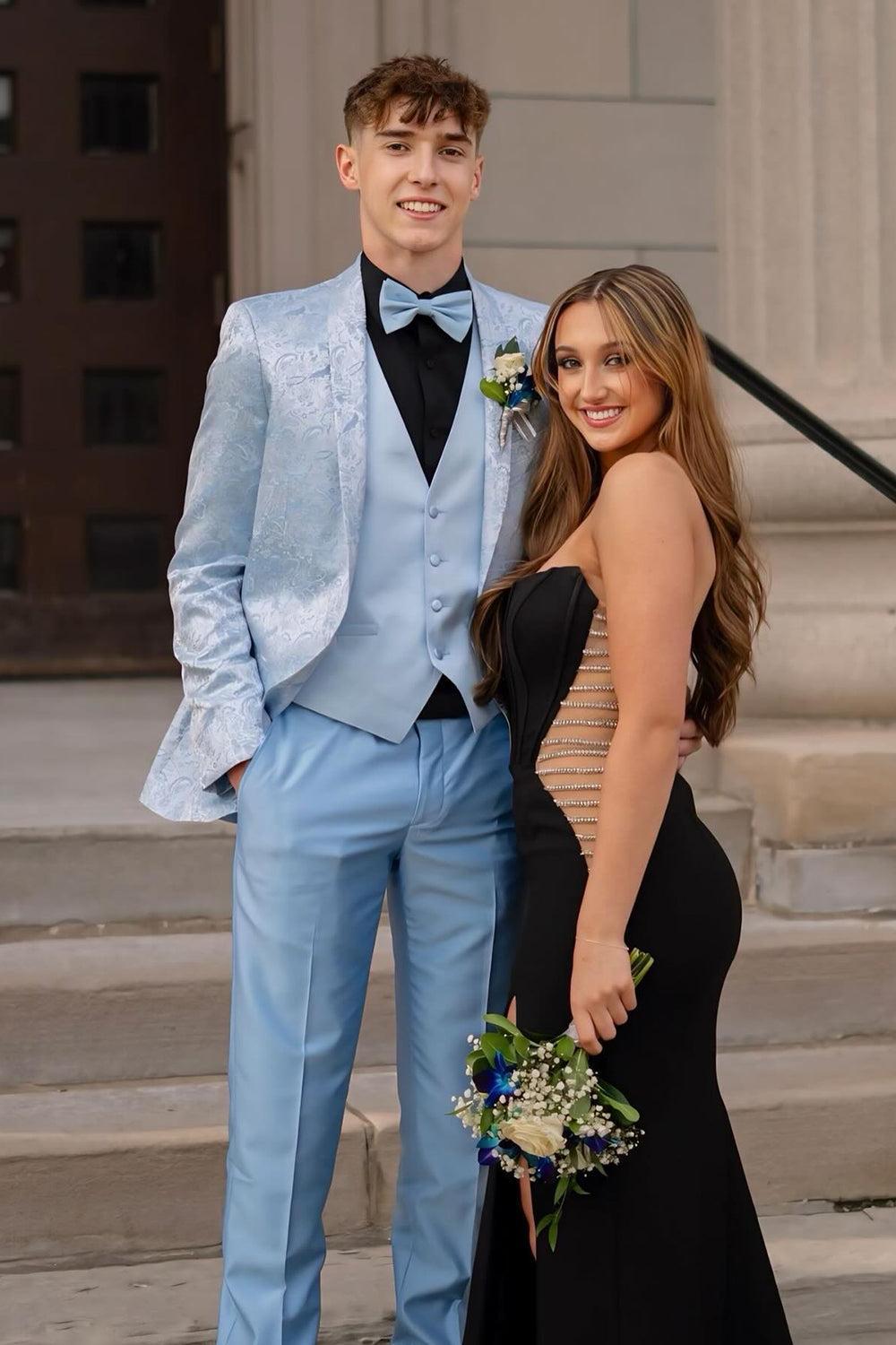 Light Blue Shawl Lapel Jacquard 3-Piece Men's Prom Suit Blazer Vest Pants