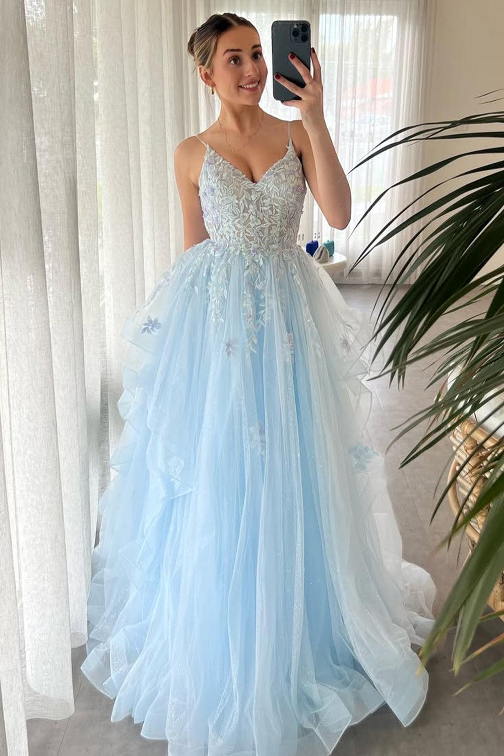 Light Blue Spaghetti Strap Prom Dress With Lace-Embroidered Bodice And Layered Tulle Skirt Formal Evening Gown