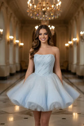 Light Blue Strapless Graduation Dress A Line Sequined Dance Dress