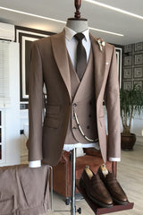 Light Brown Peaked Lapel Close Fitting 3 Piece Business Suit