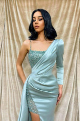 Light Green One Shoulder Mermaid Evening Dress with Sequin Front Split