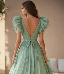 Light Green Wedding Guest Dress Chiffon Ruffed V Neck A Line Pleated Long Evening Dress