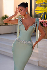 Light Green Prom Dress Column V Neck Beaded Spaghetti Strap Sleeveless Satin Formal Dress