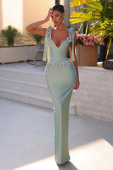 Light Green Prom Dress Column V Neck Beaded Spaghetti Strap Sleeveless Satin Formal Dress