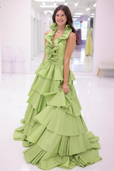 Light Green Prom Dress Ruffled Halter Chiffon A Line Formal Dress