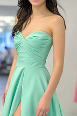Light Green Prom Dress Satin A Line Strapless Long Formal Dress With Slit