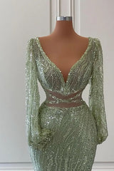 Light Green V Neck Mermaid Evening Dress Long Sleeves with Sequins and Beads