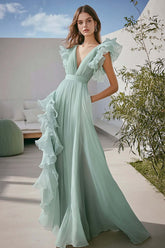 Light Green Wedding Guest Dress Chiffon A Line V-Neck Ruffled Long Evening Dress