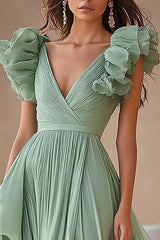Light Green Wedding Guest Dress Chiffon Ruffed V Neck A Line Pleated Long Evening Dress