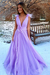 Light Pink Prom Dress V Neck Backless Tulle Long Evening Dress