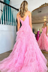 Light Pink Tulle Tiered A Line Long Prom Dress
