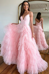 Light Pink Tulle Tiered A Line Long Prom Dress
