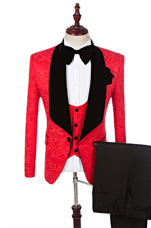Light Red Three Piece Jacquard Wedding Suit