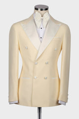 Light Yellow Double Breasted Peaked Lapel Wedding Suit