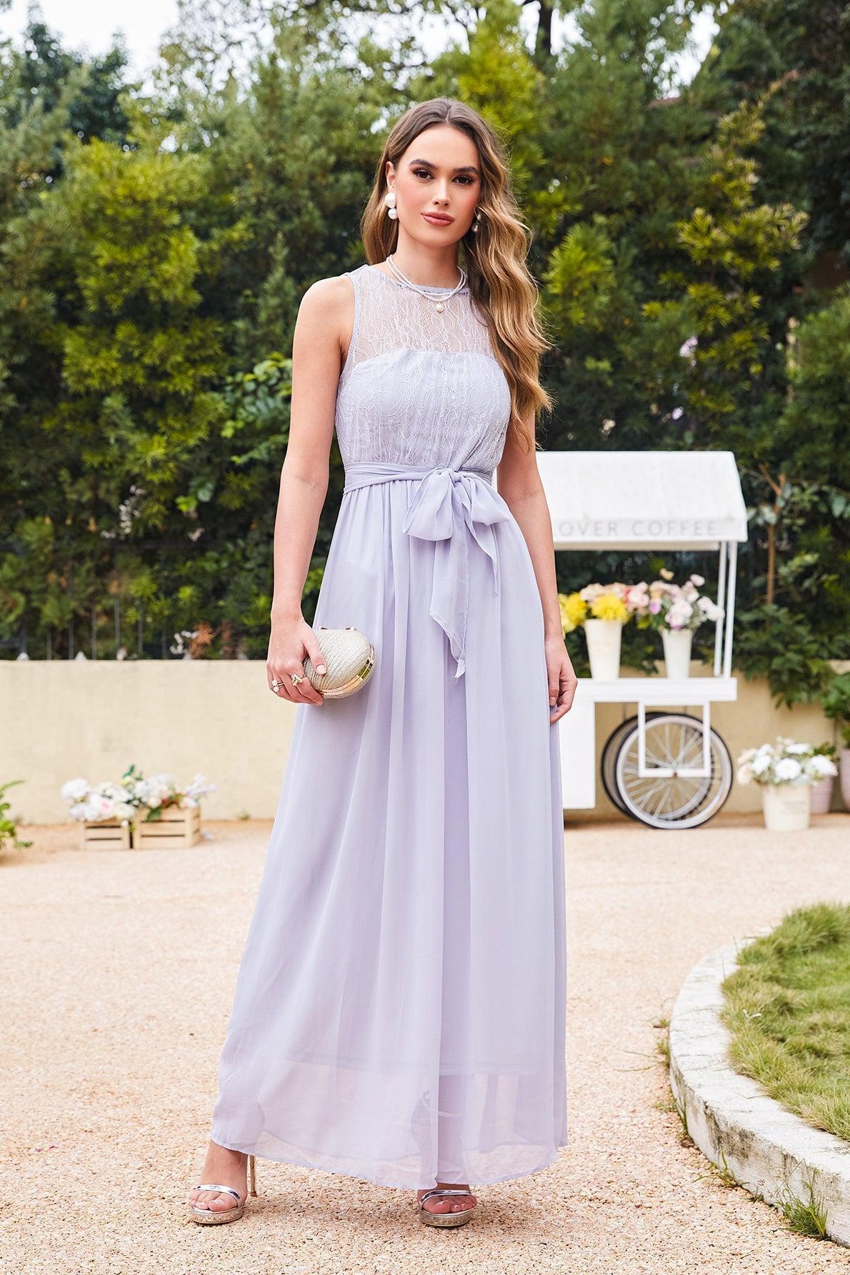 Dreamyannie Women Lilac Lace Chiffon Bridesmaid Dress Bateau Neck Sleeveless Wedding Party Dress Dreamyannie UK Dreamyannie Women Lilac Lace Chiffon Bridesmaid Dress Bateau Neck Sleeveless Wedding Party Dress Dreamyannie UK
