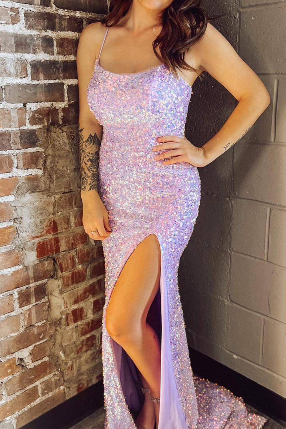 Lilac Mermaid Prom Dress Sparkly Sequin Spaghetti Straps Evening Dress