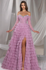 Lilac Prom Dress A Line Off The Shoulder Sequined Tulle Formal Dress With Slit