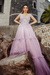 Lilac Prom Dress A Line Spaghetti V Neck Sleeveless Beaded Tulle Formal Dress With Appliques