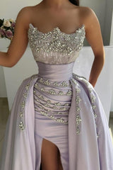 Lilac Prom Dress A Line Strapless Sleeveless Beaded Panel Train Satin Formal Dress With Rhinestones