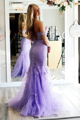 Lilac Prom Dress Appliqued Off The Shoulder Tulle Formal Dress