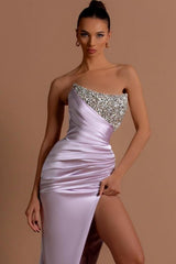 Lilac Prom Dress Column Strapless Sequined Beading Formal Dress With Slit