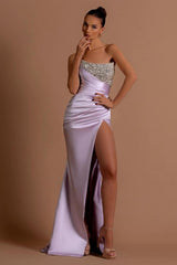 Lilac Prom Dress Column Strapless Sequined Beading Formal Dress With Slit