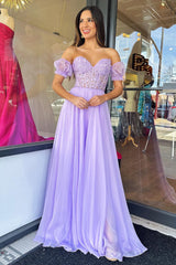 Lilac Prom Dress Corset A Line Sweetheart Long Chiffon Evening Dress with Slit