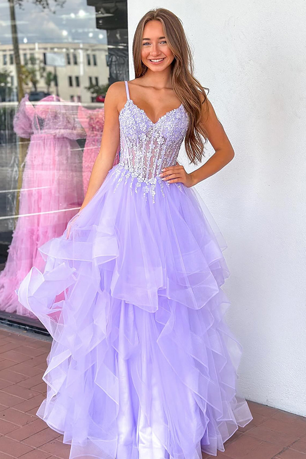 Lilac Prom Dress Floral Corset Ruffled Tiered Long Pageant Dress