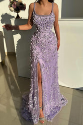 Lilac Prom Dress Mermaid Spaghetti Strap Beaded Sleeveless Slit Floor Length Formal Dress With Pearls And 3D Flowers