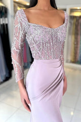 Lilac Prom Dress Mermaid Square Sleeves Sequined Satin Formal Dress With Slit
