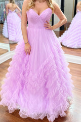 Lilac Prom Dress Ruched Tiered Ruched A Line Lace Long Formal Dress