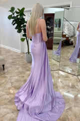 Lilac Prom Dress Satin Corset Side Cape Long Formal Dress With Slit