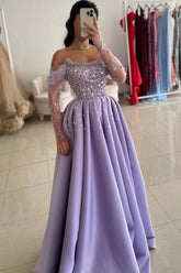 Lilac Prom Dress Strapless A Line One Shoulder Illusion Sleeve Beaded Satin Formal Dress With Pearls And Rhinestones