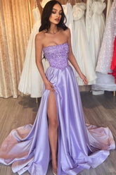Lilac Prom Dress Strapless Sequined Sleeveless Court Train Satin Formal Dress With High Slit