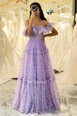Lilac Prom Dress Tulle A Line Off the Shoulder Long Corset Evening Dress