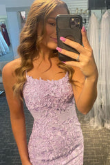 Lilac Sheath Spaghetti Straps Short Graduation Dress with Appliques